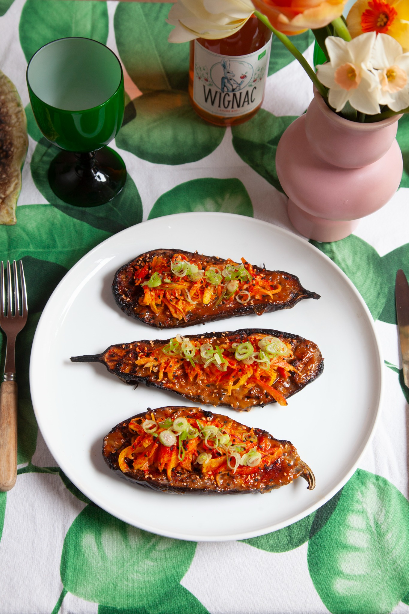 Miso aubergine, kimchi and spring onion